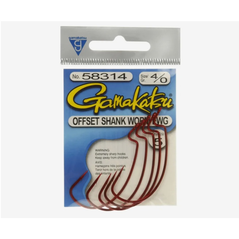 Gamakatsu-Offset Shank Red Worm Hook 5pk