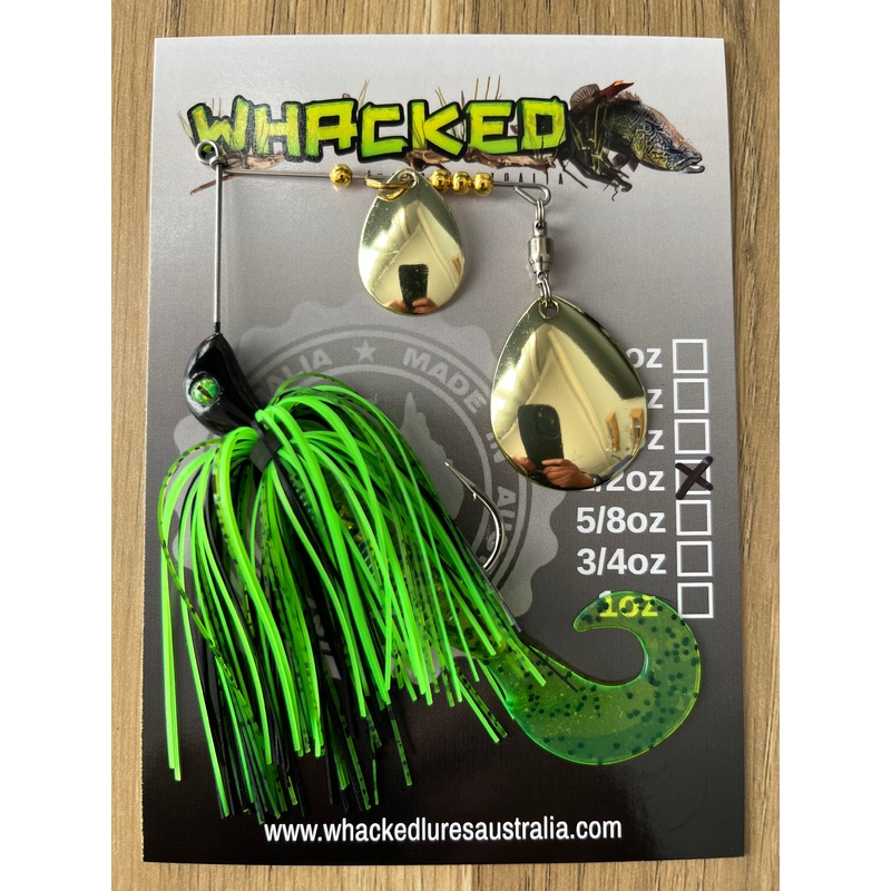 1/2oz Spinnerbait ~ GOBLIN GREEN ~ Grub Trailer (Gold Blades)