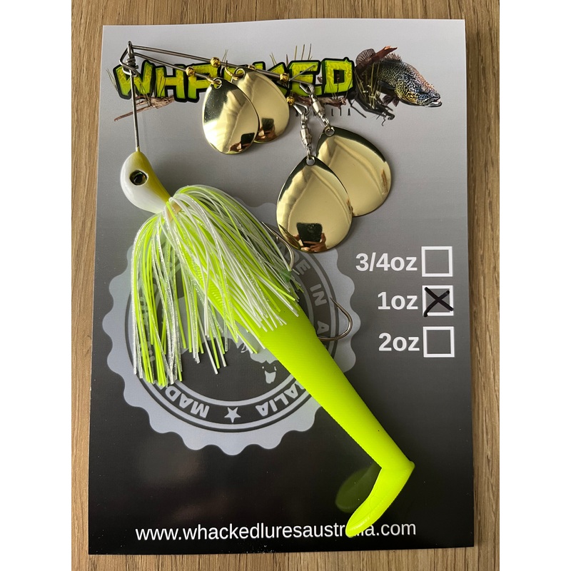 1oz Quad Spin Spinnerbait ~ ACID WHITE ~ Paddle Tail Trailer + Stinger Hook (Gold Blades)