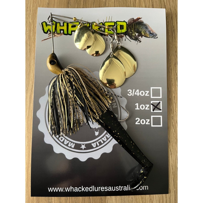 1oz Quad Spin Spinnerbait ~ BLACK & GOLD ~ Paddle Tail Trailer + Stinger Hook (Gold Blades)