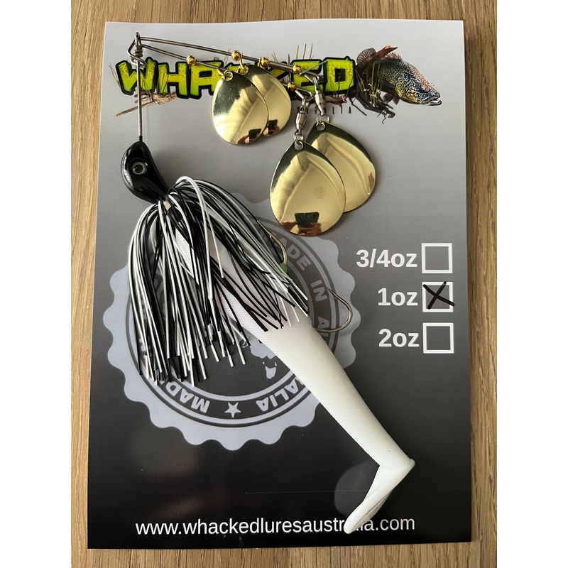 1oz Quad Spin Spinnerbait ~ BLACK & WHITE ~ Paddle Tail Trailer + Stinger Hook (Gold Blades)