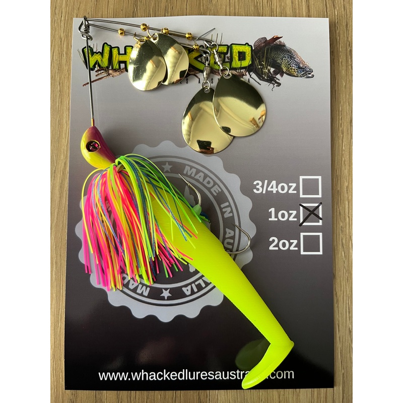 1oz Quad Spin Spinnerbait ~ FLURO POP ~ Paddle Tail Trailer + Stinger Hook (Gold Blades)
