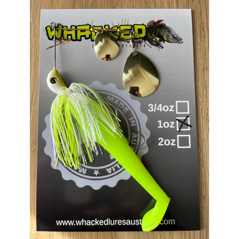 1oz Spinnerbait ~ ACID WHITE ~ 5 Paddle Tail Trailer + Stinger Hook (Gold Blades)