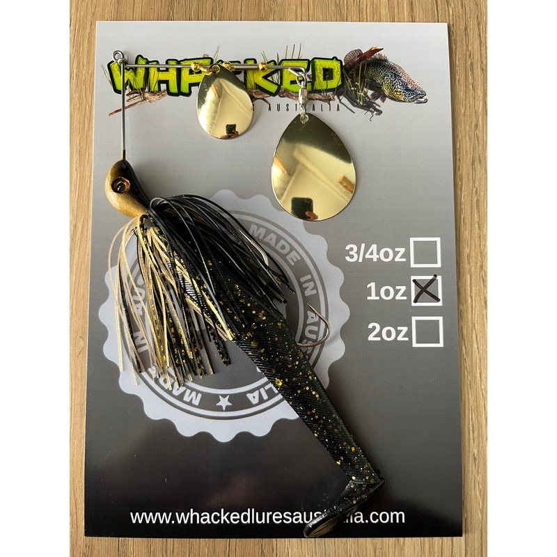 1oz Spinnerbait ~ BLACK & GOLD ~ 5 Paddle Tail Trailer + Stinger Hook (Gold Blades)