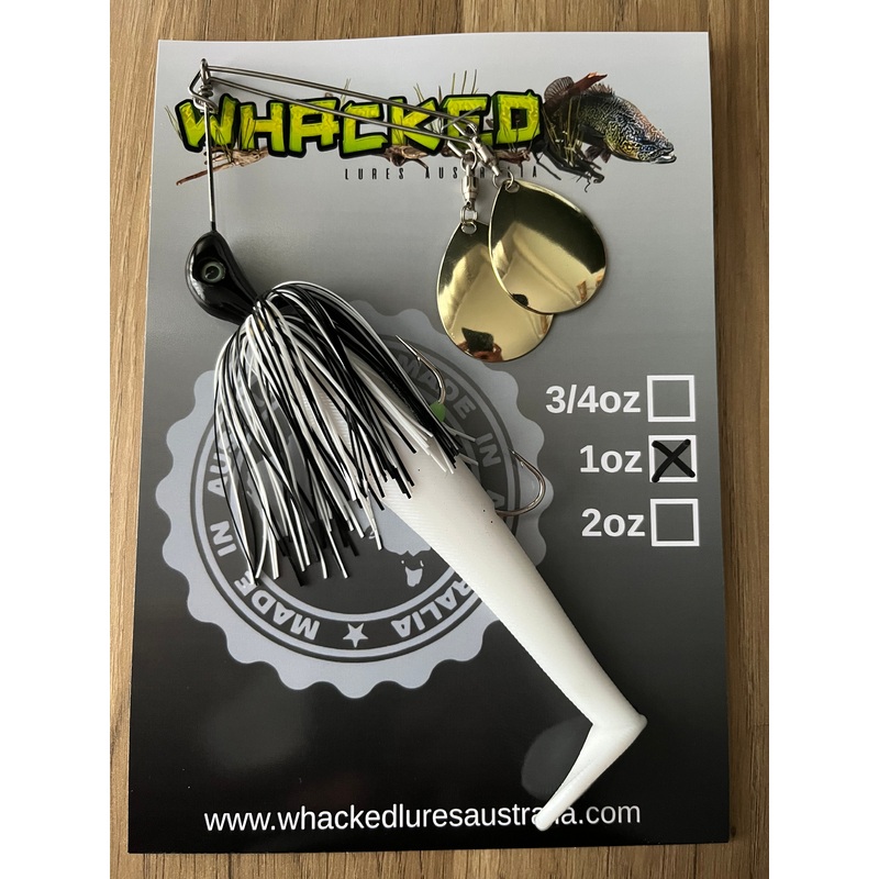 1oz Twin Spin Spinnerbait ~ BLACK & WHITE ~ Paddle Tail Trailer + Stinger Hook (Gold Blades)