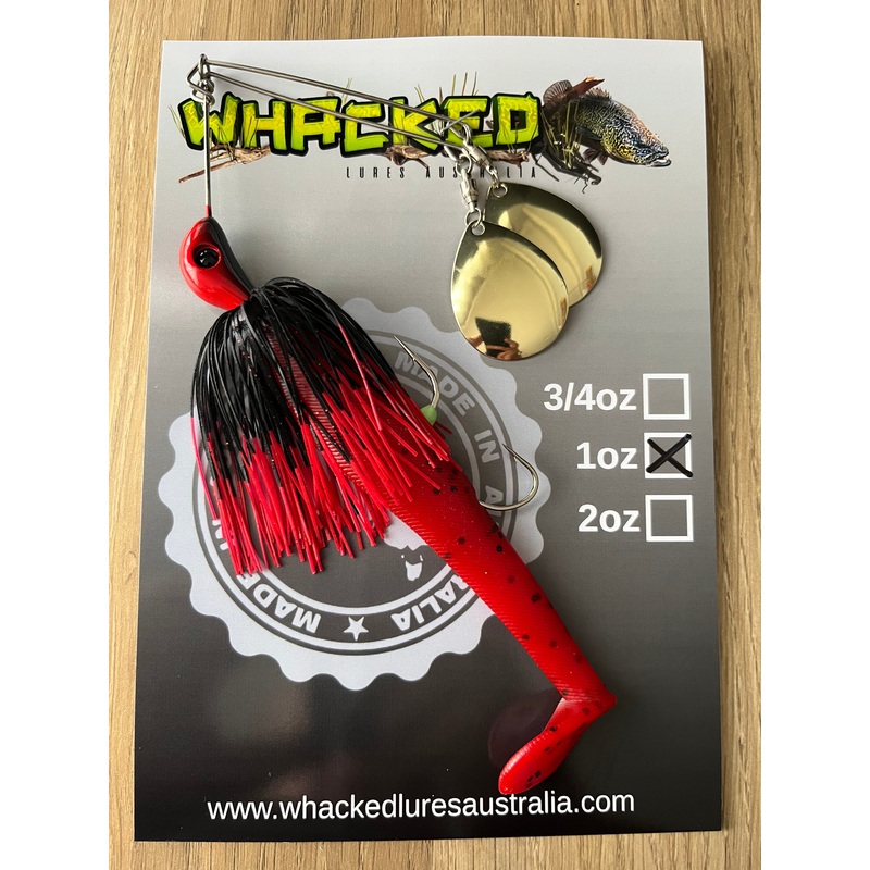 1oz Twin Spin Spinnerbait ~ FIRETIP RED ~ Paddle Tail Trailer + Stinger Hook (Gold Blades)