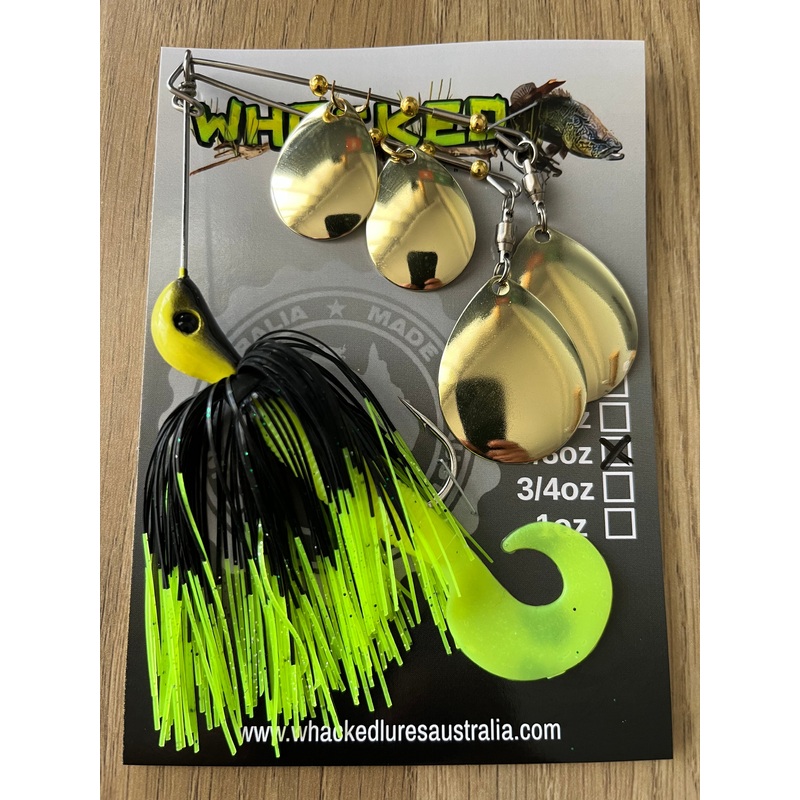 5/8oz Quad Spin Spinnerbait ~ FLURO DIP BLACK ~ Grub Trailer (Gold Blades)