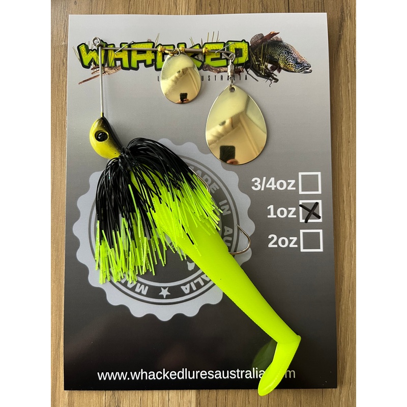 1oz Spinnerbait ~ FLURO DIP BLACK ~ 5 Paddle Tail Trailer + Stinger Hook (Gold Blades)