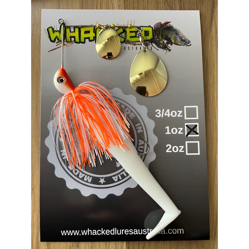 1oz Spinnerbait ~ ORANGE ICE ~ 5 Paddle Tail Trailer + Stinger Hook (Gold Blades)
