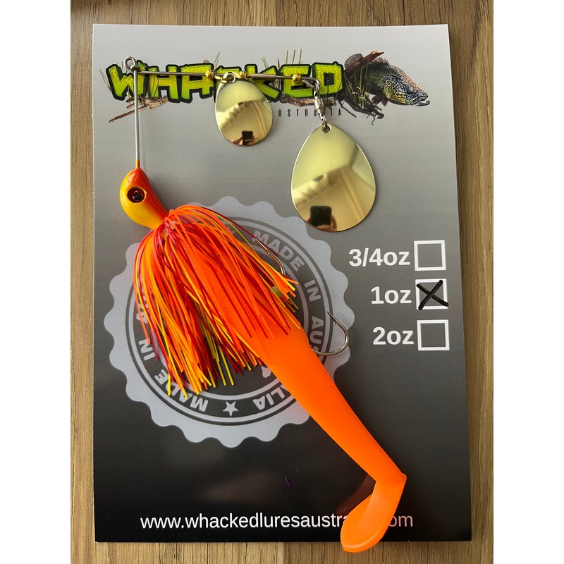 1oz Spinnerbait ~ SUNRISE ORANGE ~ 5 Paddle Tail Trailer + Stinger Hook (Gold Blades)