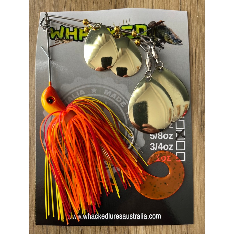 5/8oz Quad Spin Spinnerbait ~ SUNRISE ORANGE ~ Grub Trailer (Gold Blades)