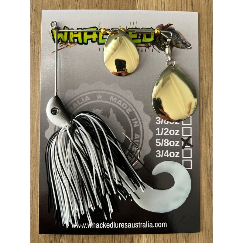 5/8oz Spinnerbait ~ BLACK & WHITE ~ Grub Trailer (Gold Blades)