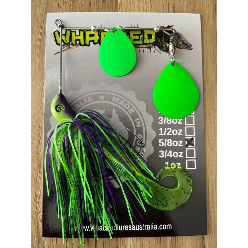 5/8oz Spinnerbait ~ PURPLE & LIME ~ Grub Trailer (Coloured Blades)