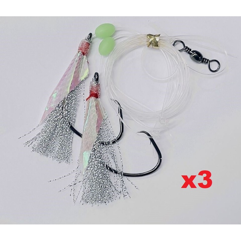 3 x 8/0 Chemically Sharpened White Bait Reef Catcher Flash Reef Rig Fishing Tackle
