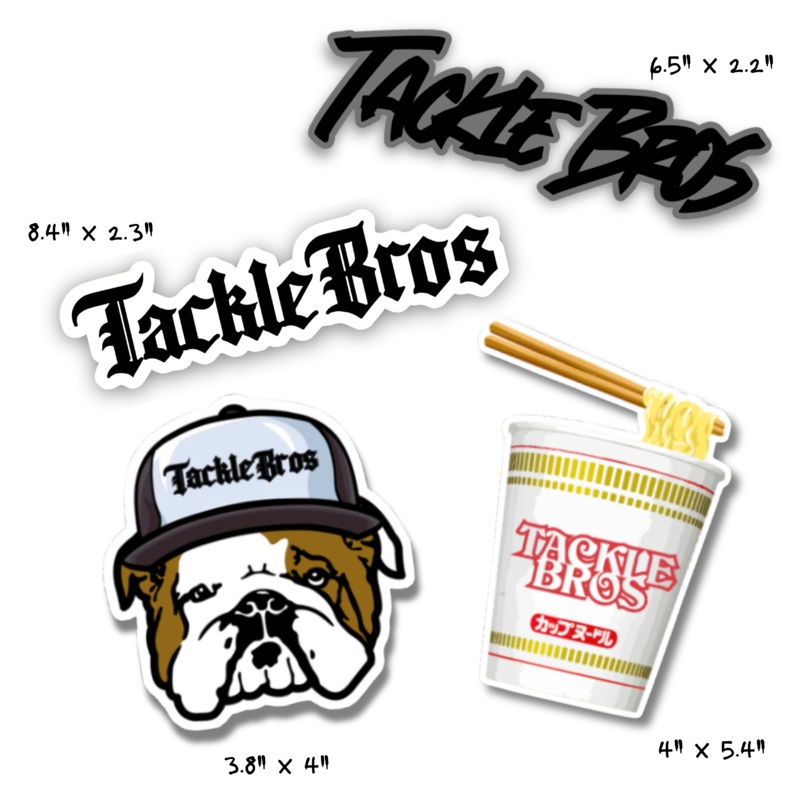 Tackle Bros Decals|Decal Pack (All 4 Decals)|Traditional Tackle Bros Logo|Brush Tackle Bros Logo|Tackle Shop Bulldog|Cup of Noodles
