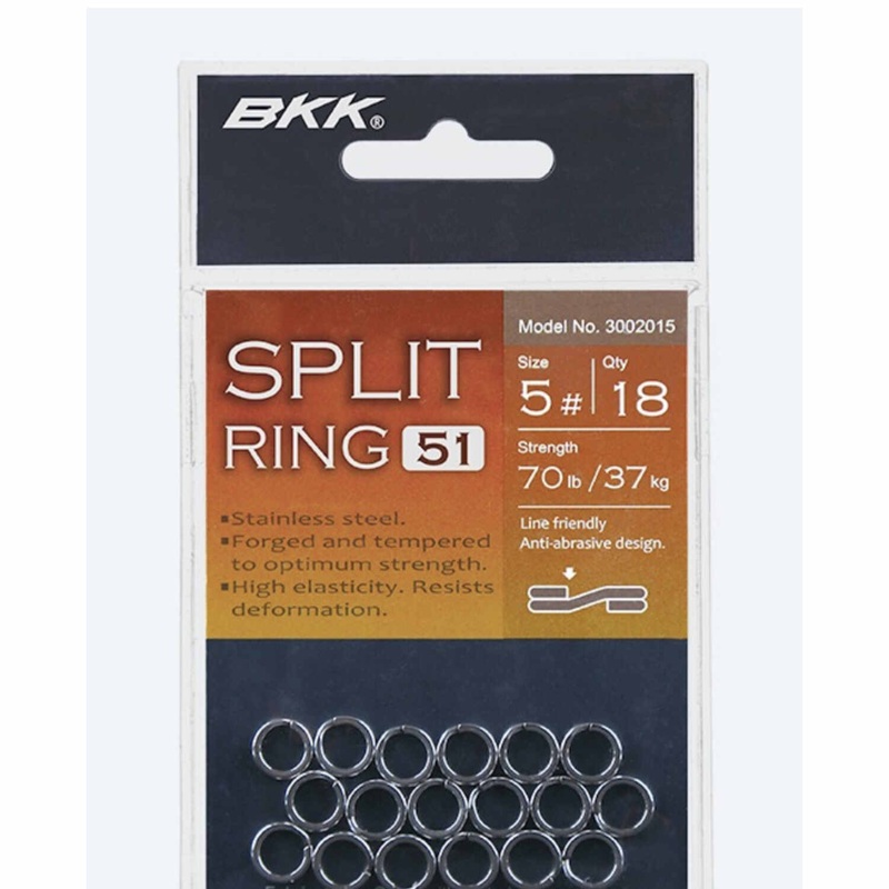 BKK Split Ring-51||1 – 30lb – 20pc||2 – 40lb – 20pc||3 – 51lb – 18pc||4 – 60lb – 18pc||5 – 71lb – 18pc||6 – 79lb – 16pc||7 – 99lb – 14pc