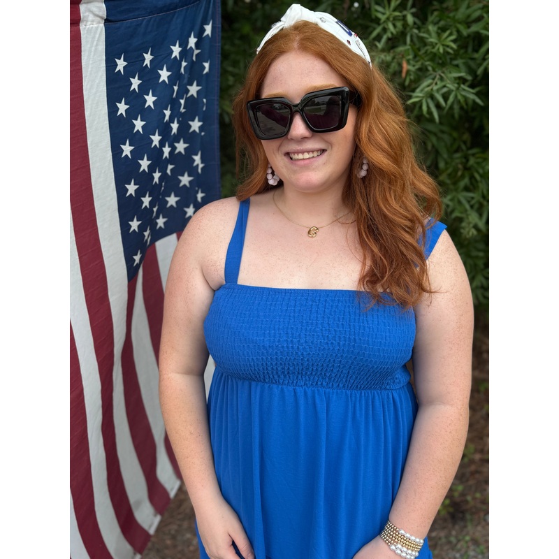 Blue Ruffle Hem Square Neck Dress