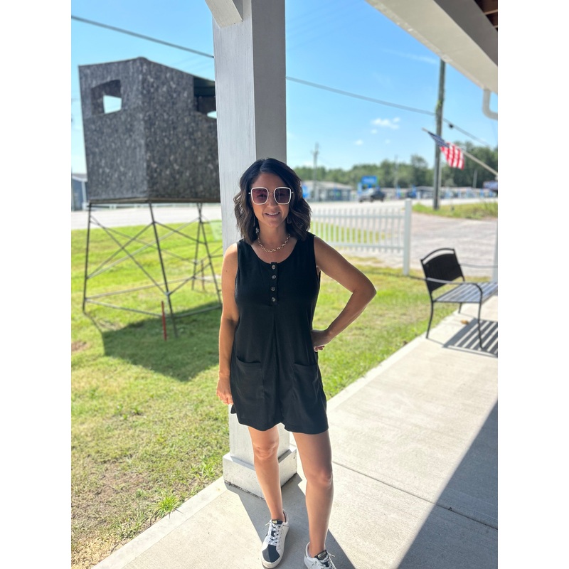 Button Black Romper with Pockets