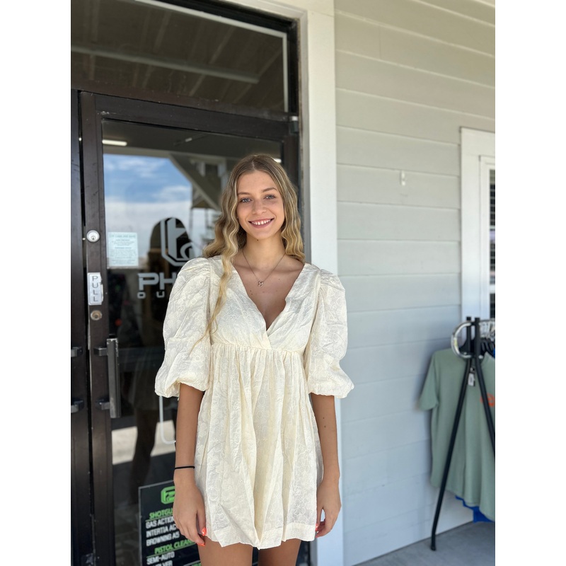 Cream Open Back Puff Sleeve Mini Dress