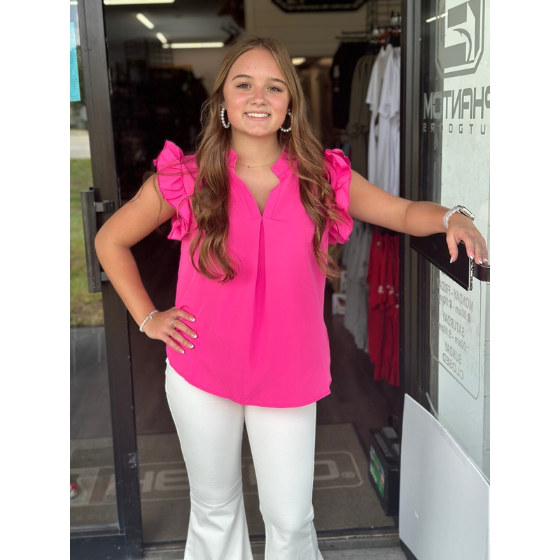 Pink Ruffle Trim Notched Neck Blouse