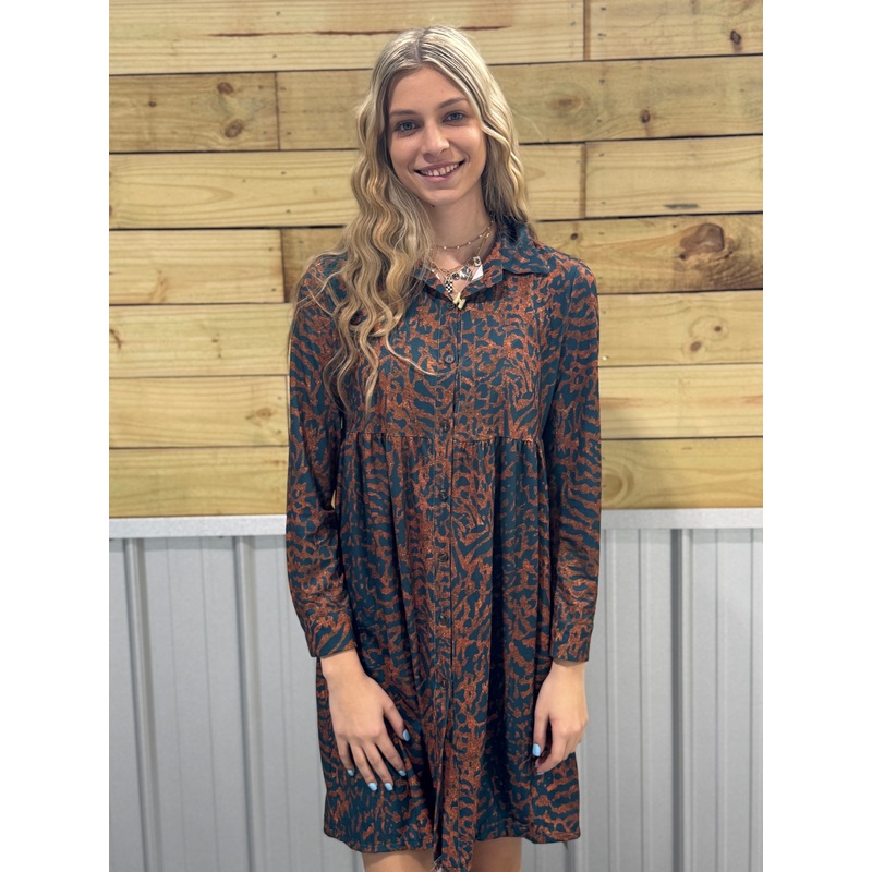 Teal Leopard Print Button Up Dress