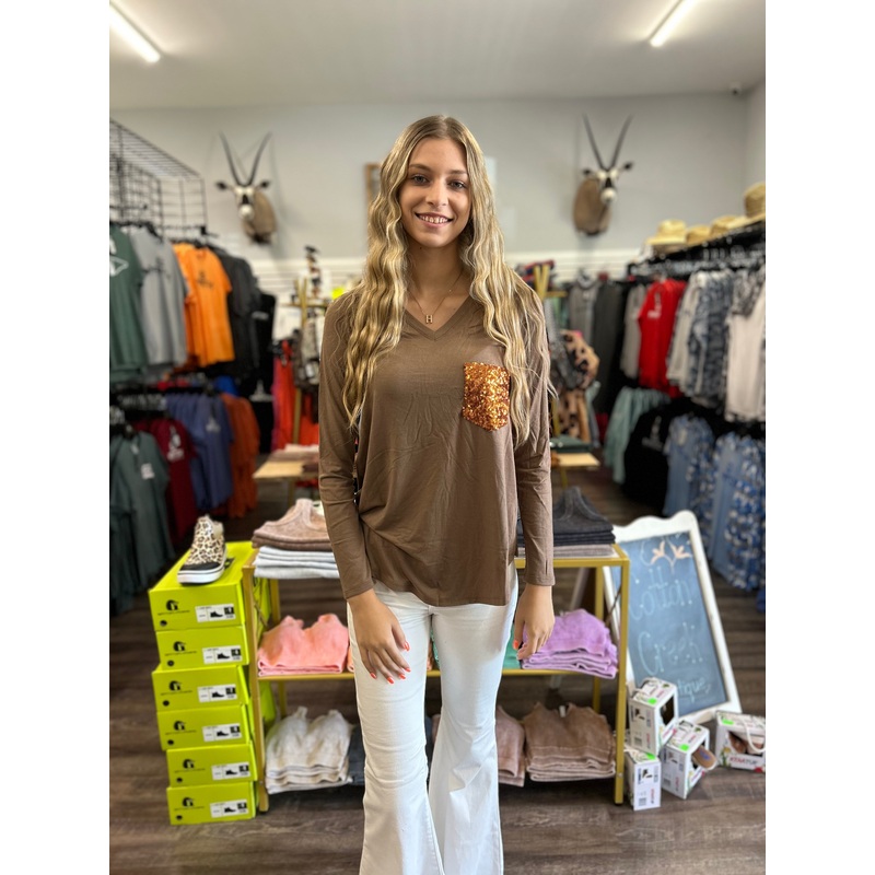 V Neck Sequin Pocket Tee|Mocha|Small|Medium|Large|XL