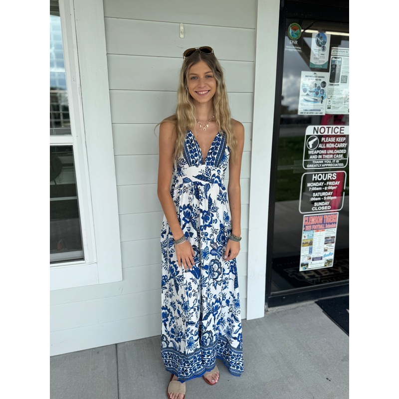 Blue Floral Cross Back Maxi Dress
