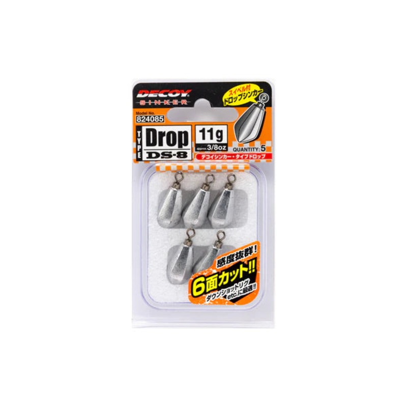 DECOY DS-8 SINKER TYPE DROP|3.5g – 1/8oz|5g – 3/16oz|7g – 1/4oz|9g – 5/16oz|11g – 3/8oz|14g – 1/2oz|18g – 5/8oz|21g – 3/4oz|28g – 1oz|45g – 1.5oz